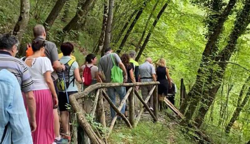 Mappa del Bosco del Benessere con percorsi e aree di sosta vicino a Via del Monte.