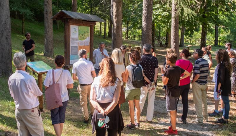 Mappa del Bosco del Benessere con percorsi e aree di sosta vicino a Via del Monte.