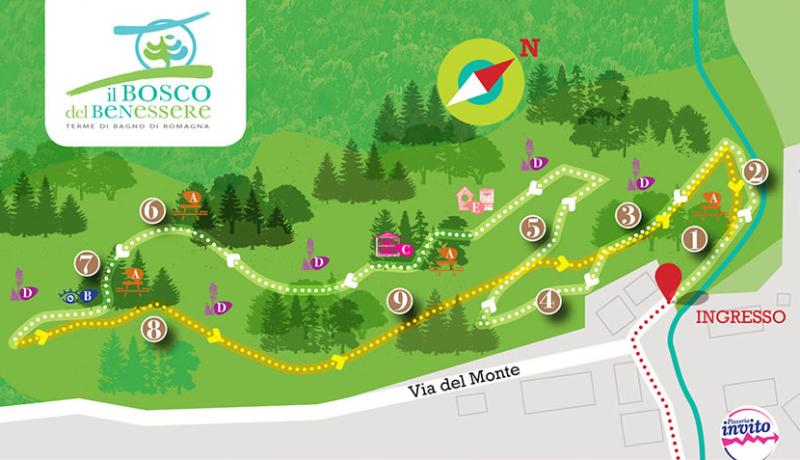 Mappa del Bosco del Benessere con percorsi e aree di sosta vicino a Via del Monte.