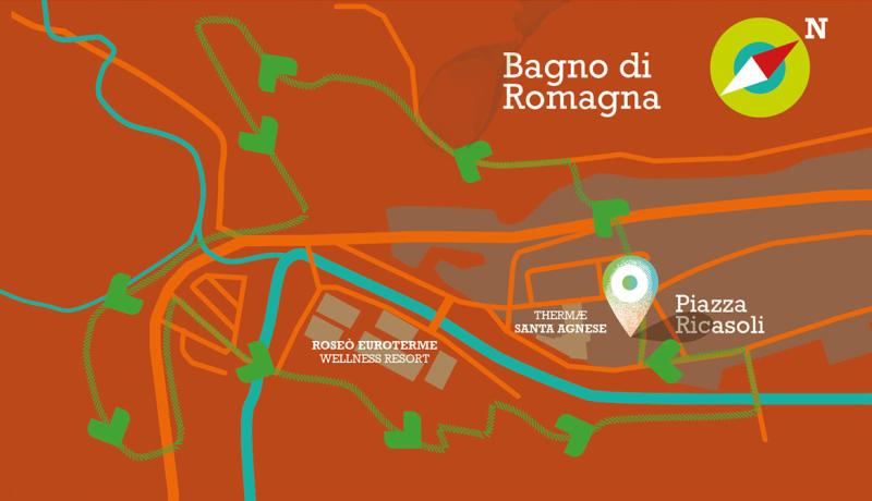 Mappa del Bosco del Benessere con percorsi e aree di sosta vicino a Via del Monte.